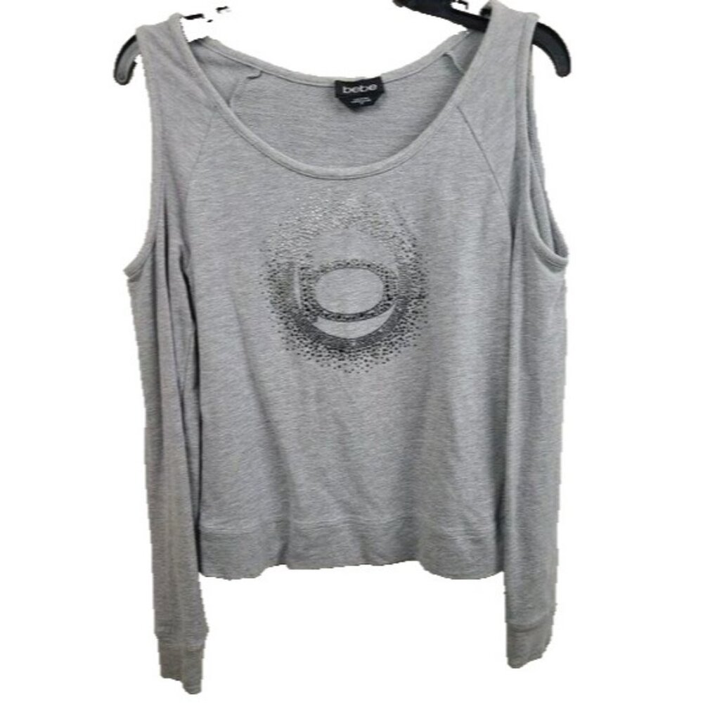 Vintage Y2K Bebe Womens Top Small Gray Rhinestone Logo Cold Shoulder Long Sleeve